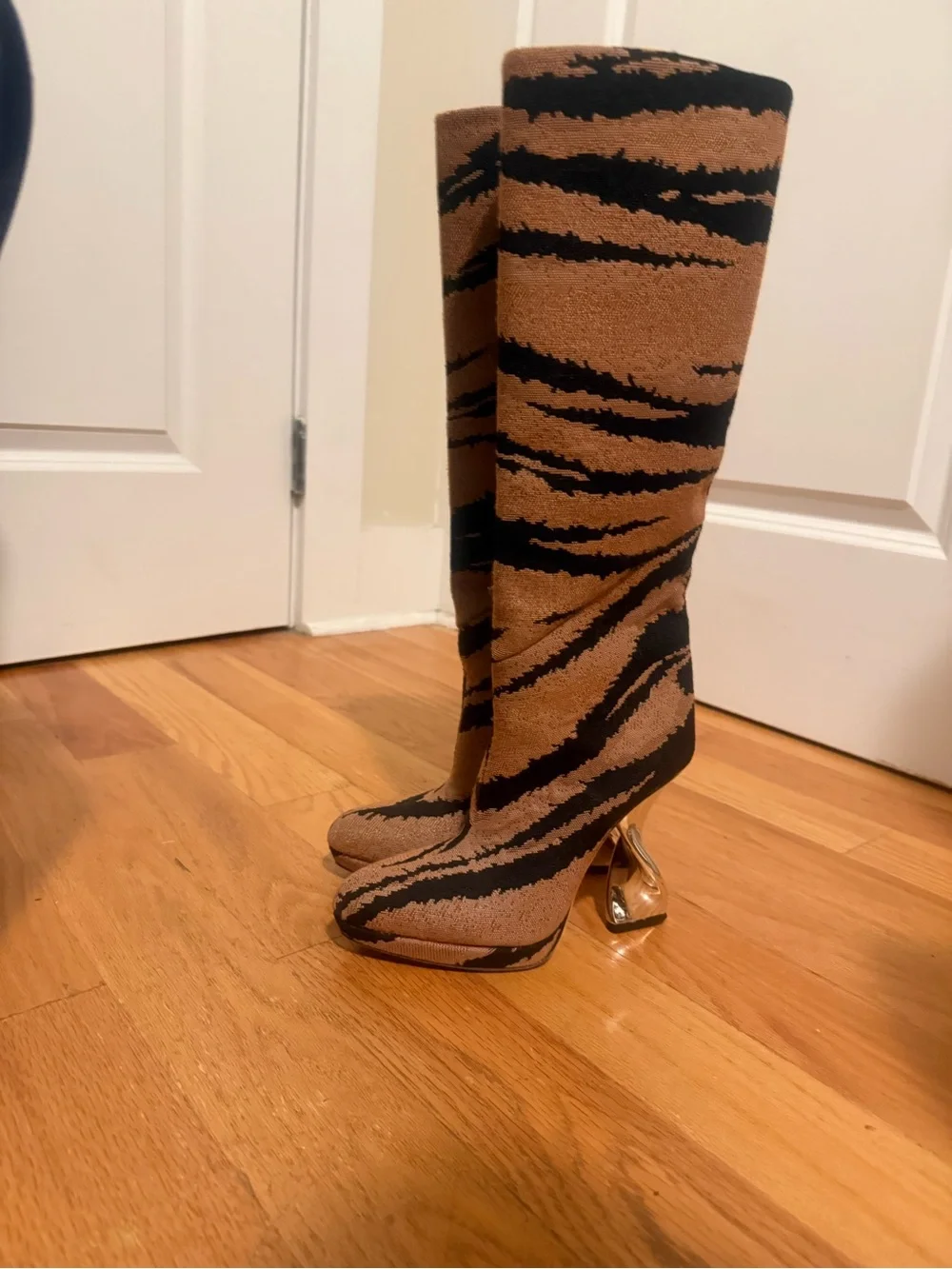 Brandon Maxwell Jacquard Brown and Black Tiger-Stripe Over-the-Knee Boots